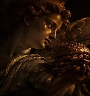 Anjo barroco segurando um hambúrguer