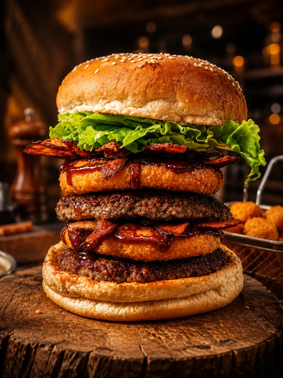 Hambúrguer alto com bacon, molho barbecue e alface