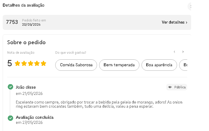 Avaliação cinco estrelas de cliente no iFood