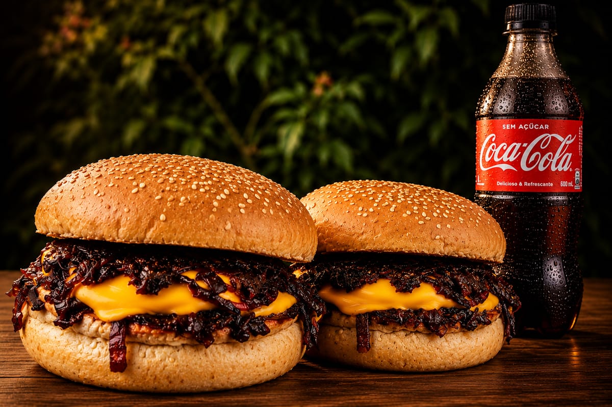Dois hambúrgueres com cebola caramelizada e cheddar