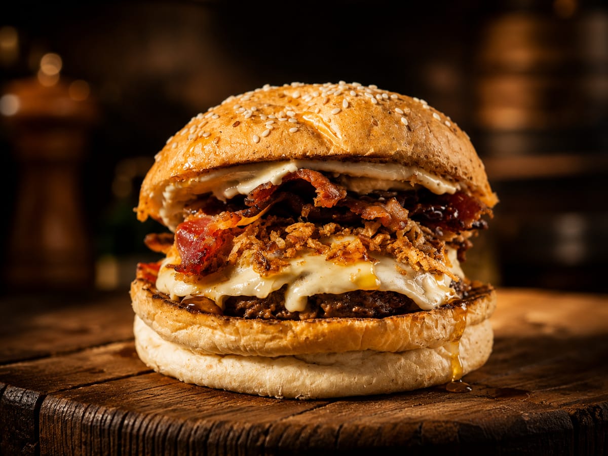 Uriel Burguer com queijo brie, cebola crispy, bacon e mel